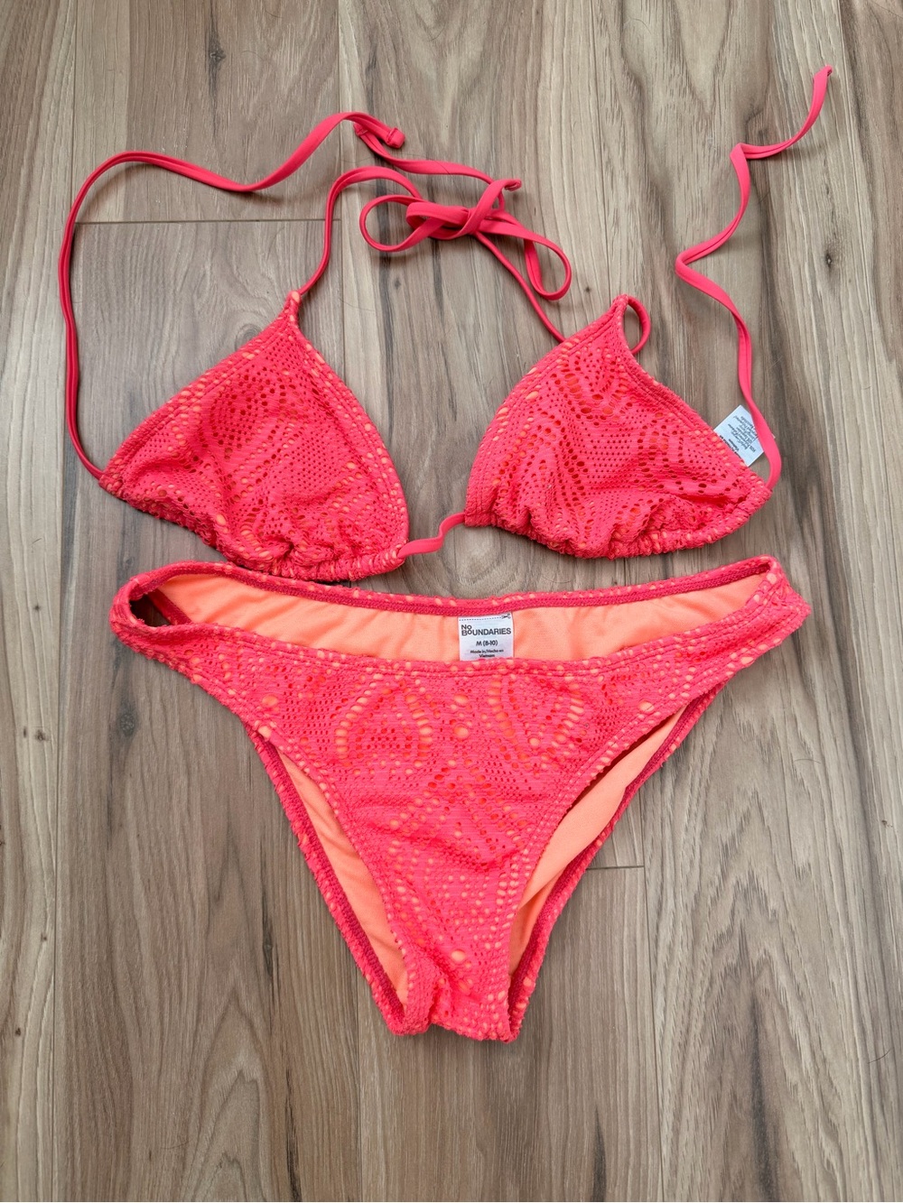 No Boundaries Neon Coral Crochet Triangle Bikini